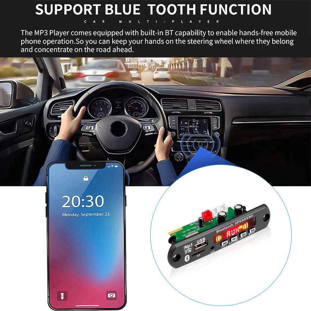Placa decodificadora de MP3 con Bluetooth 5,0, amplificador de 2x40W, reproductor de 5V-26V y 12V, módulo de Radio FM para coche, grabación de llamadas con manos libres para altavoz