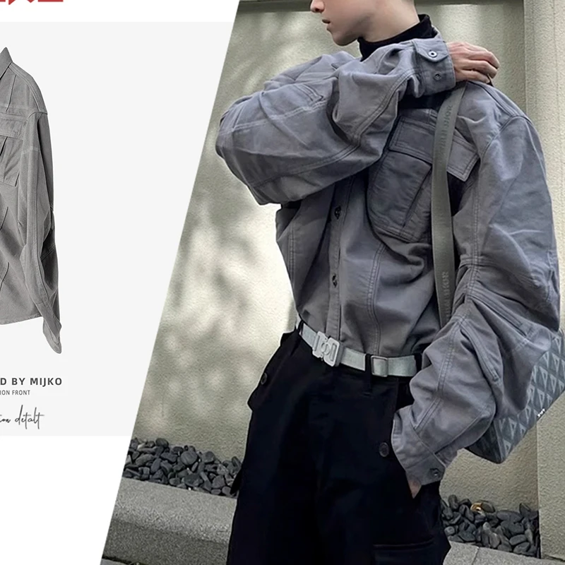 [BOMP] Men's Autumn/Winter New Product: Pleated Silhouette Washed Jacket, Unisex High Street Style Jacket, Denim