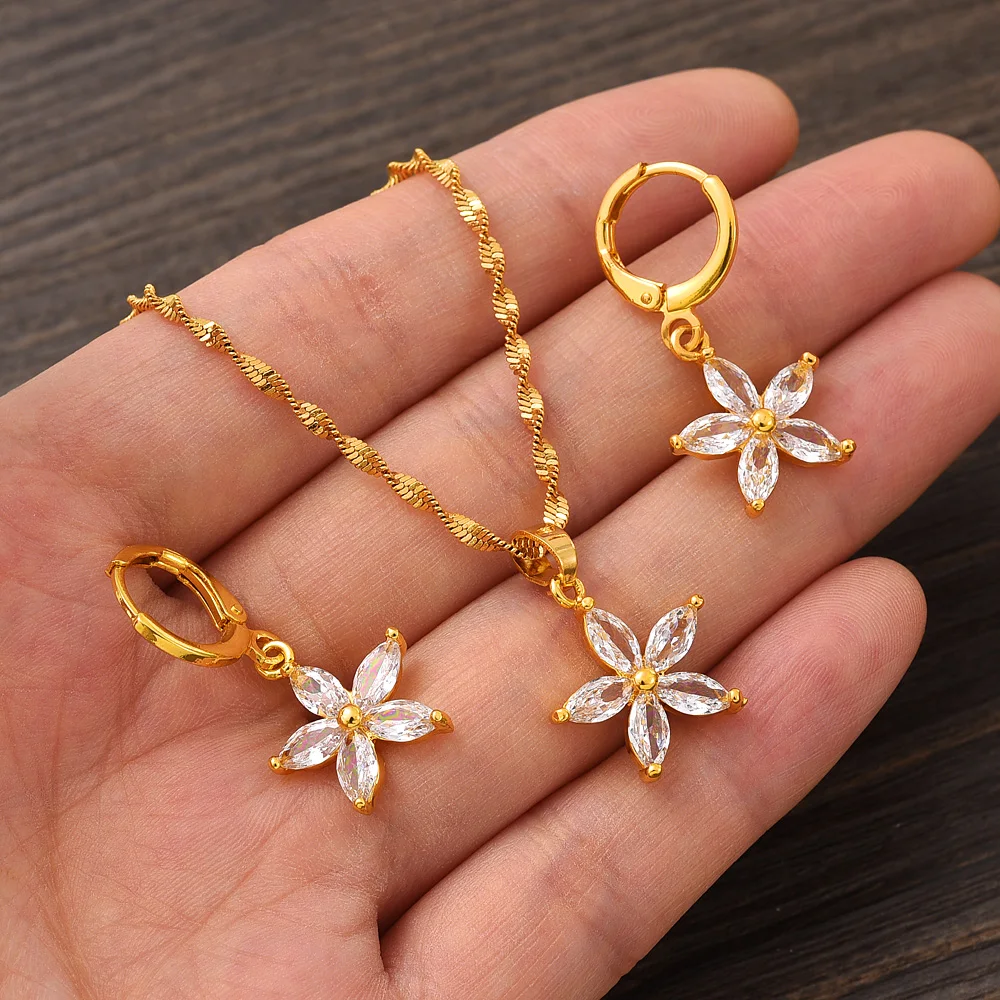 

24k Gold Plated Africa White CZ Flower Jewelry Necklace pendant Earrings wedding Birthday Party Jewelry Sets For Women Girl Gift