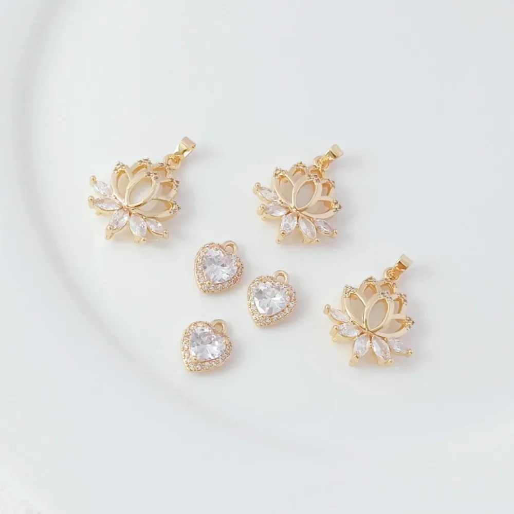

14K gold-plated micro-inlaid zircon crystal heart heart Lotus Flower pendant, DIY handmade bracelet necklace pendant