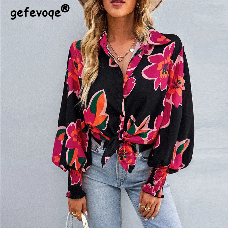 

Vintage Floral Print Streetwear Oversized Top Blouse Women 2023 Spring Autumn Fashion Lapel Long Sleeve Button Up Shirts Blusas