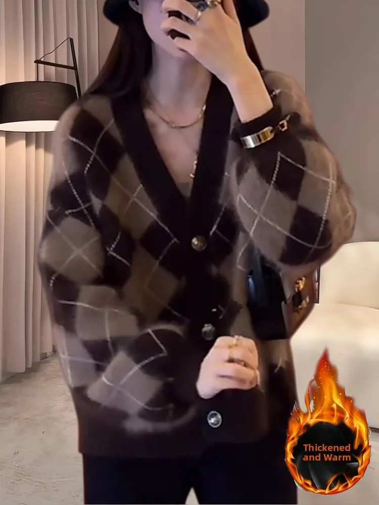 

Мягкий уютный женский вязаный кардиган свободного кроя с V-образным вырезом, на пуговицах, с ромбовидным узором, новинка весна-осень