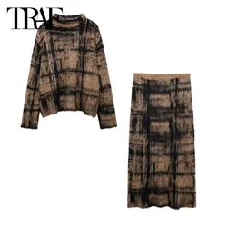 TRAF Plaid Knit Skirt Sets Women 2 Pieces Outfit 2024 Autumn Long Sleeve Knitwear Pullovers Mid Waist Long Skirt Elegant Suits