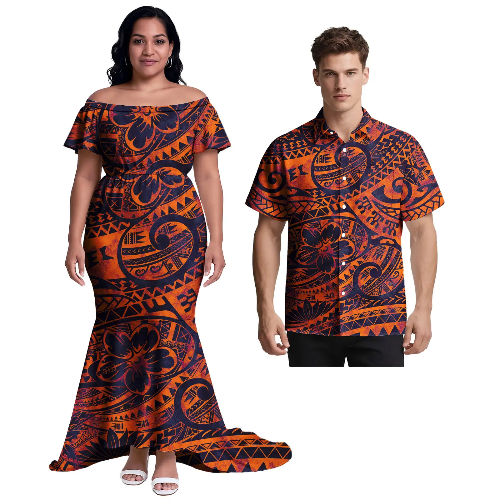 فستان حورية البحر قميص هاواي صيفي للزوجين Monstera Leaf Island Print Aloha قميص ذيل السمكة تنورة بولينيزية للزوجين ملابس متطابقة