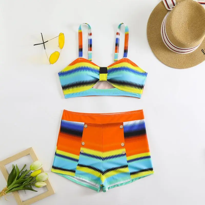 Cikini été plage rayé imprimé froncé Bikini ensemble maillot de bain sexy maillot de bain pour les femmes
