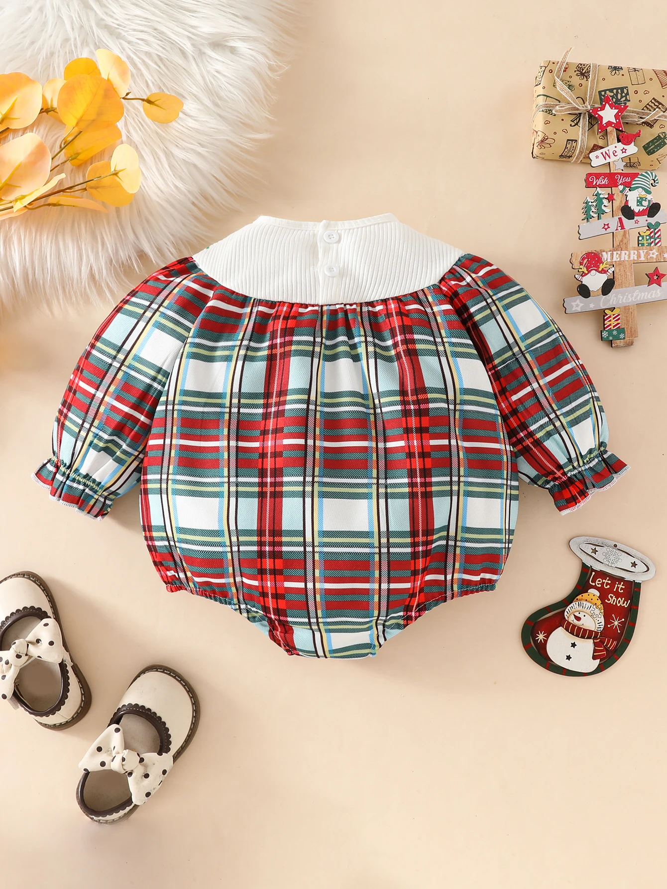 0-18 Months Newborn Baby Girl Christmas Party Fashion Casual Cute Plaid Christmas Tree Bow Print Doll Collar Spring & Fall Toddler Triangle Romper