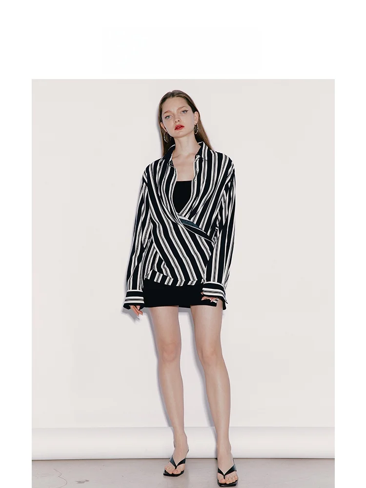 

New Autumn 2024 Women's Long Sleeve Striped Shirt Cross Two-Way Wear Dark Blue White Stripe Loose Fit Button up Neck