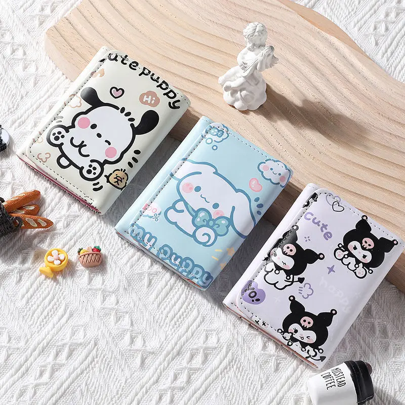 

Sanrio Cinnamoroll Kuromi Pochacco Cartoon PU Short Cute Small Wallets Student Triple Fold Card Holder kawaii Anime Money Bag