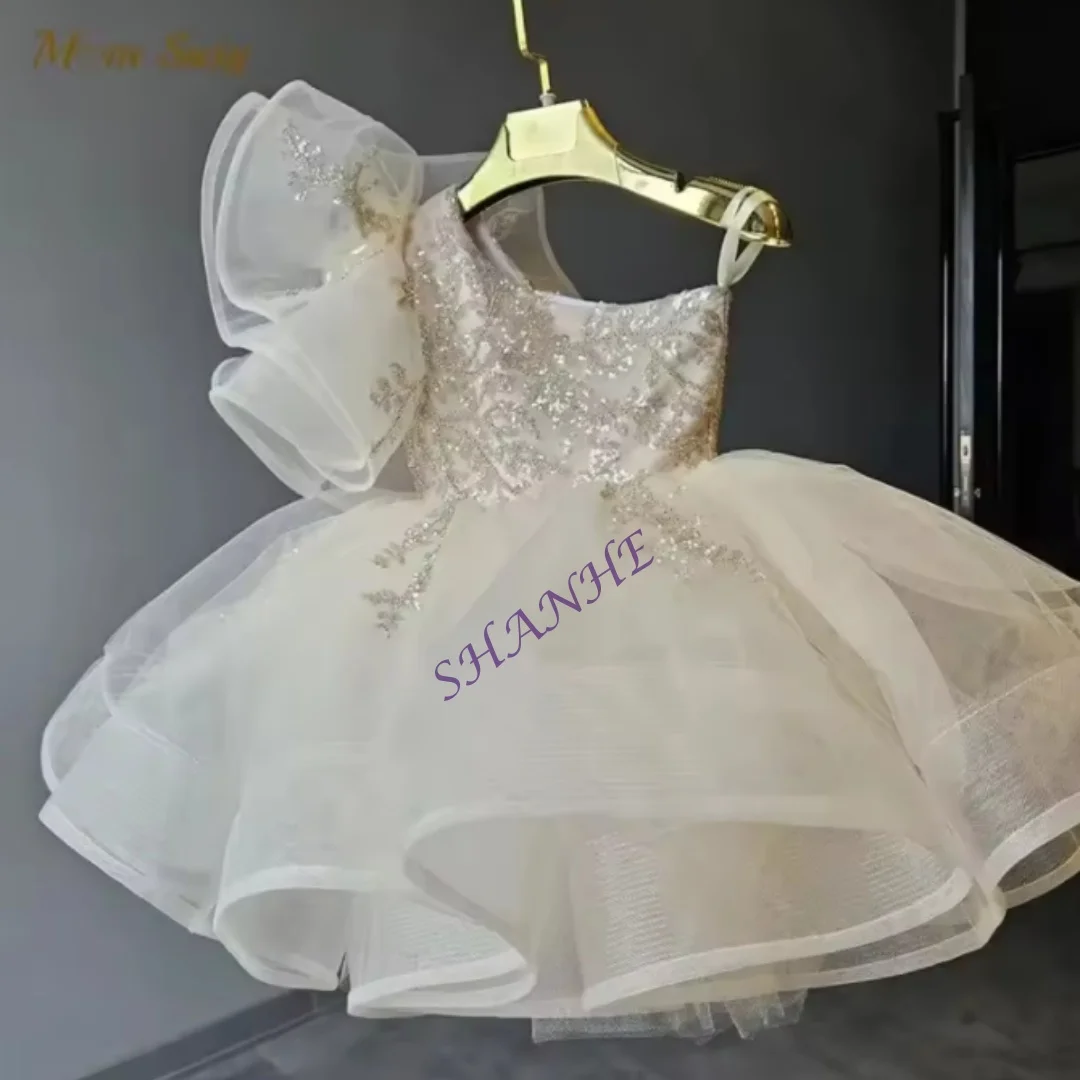 CustomizedGirls Puff Sleeve Bow Neckline Layered Tulle Ball Gown Elegant Design For Formal Occasions Weddings Flower Girl Birthd