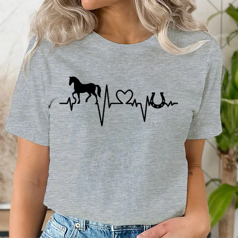 

Horse Heartbeat Print T Shirt Women Short Sleeve O-Neck Loose Tshirt Harajuku Fashion Ladies Summer Horse Trend T-shirts Tops