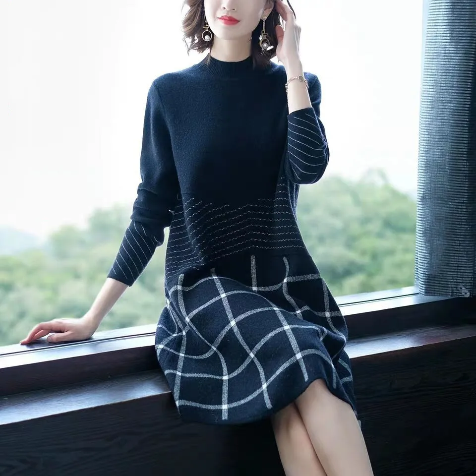 

Knitting Jacquard Women Dress For Autumn 2024 New Office Lady Patchwork Half High Collar Pullover Loose A-Line Dresses Vestidos