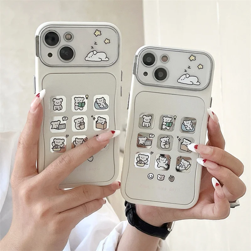 

Cartoons Full Screen Bear Mirror For Apple iPhone 15 Pro 11 12 13 14 Pro Max Cute Shockproof Phone Cases Protective Cover for 15