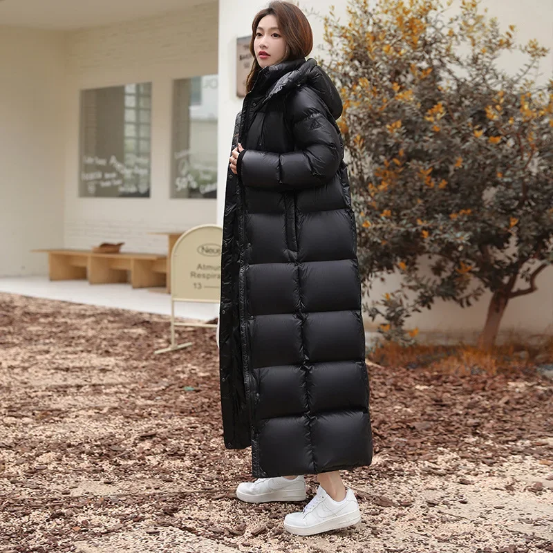 

95 white duck down black gold down jacket over the knee super long thickened