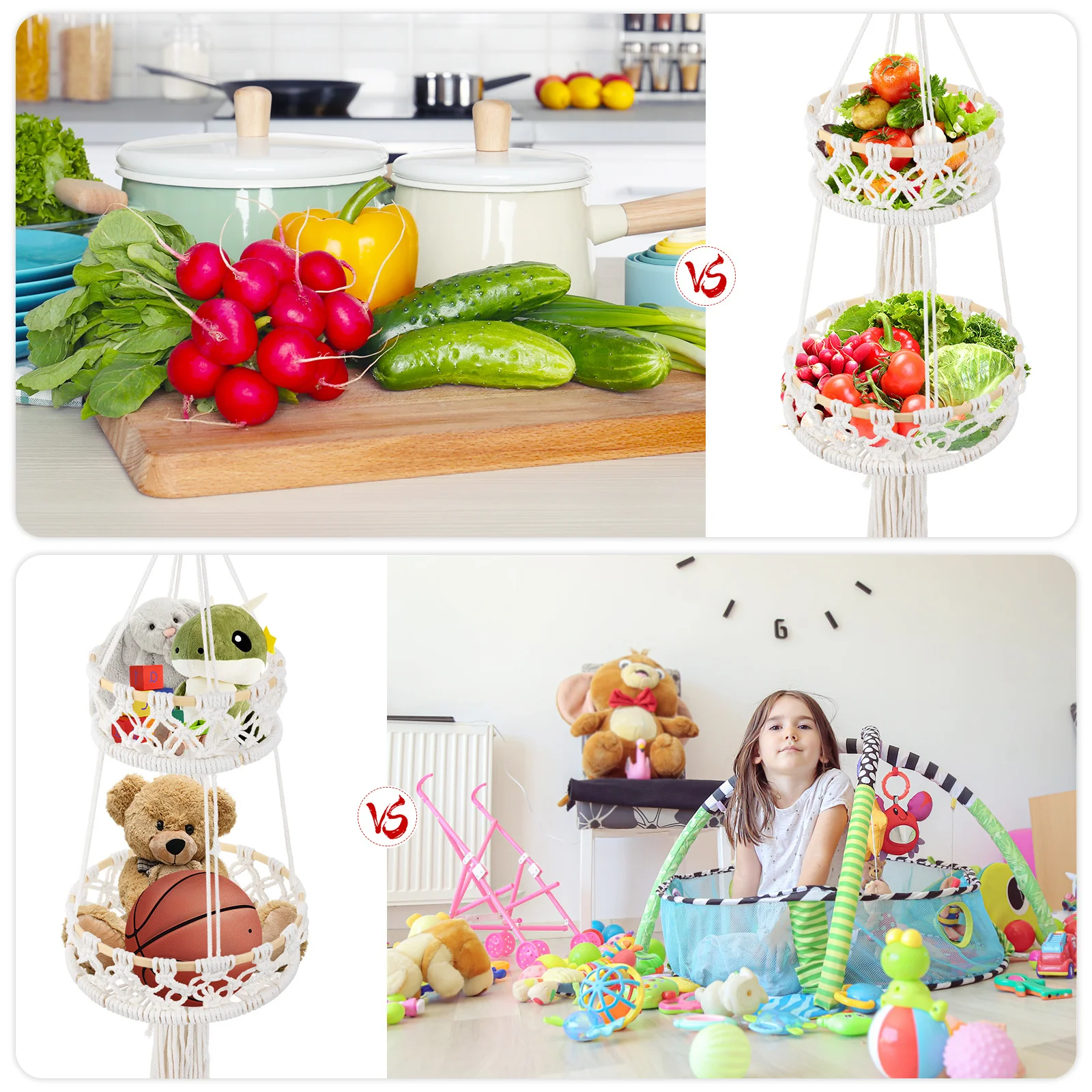 

1Pcs Cotton Rope Woven Hanging Basket Double Layer Sturdy Storage Container Indoor Outdoor Decorative Storage Basket