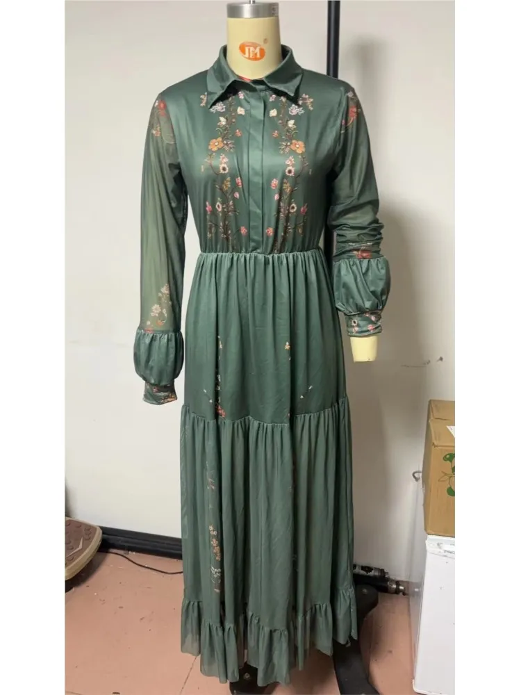 Étnico retro floral impressão plissado vestido longo primavera nova camisa gola botões vestido de festa feminino outono manga longa bohe maxi vestido