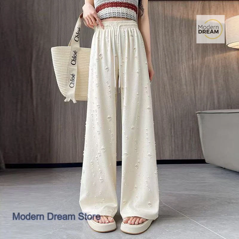 French style fashion design high waist drawstring hole wide-leg pants women's summer new casual style loose straight pants