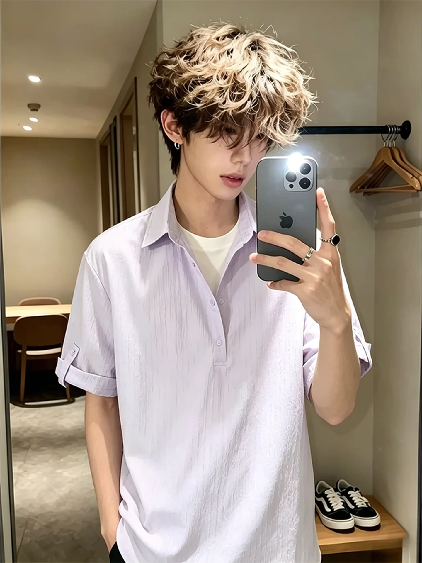 Men's Summer  Neck Short Sleeve Ice Silk Shirt Striped Two-Piece Look CleanFit Style Breathable Lightweight Polyester Nylon