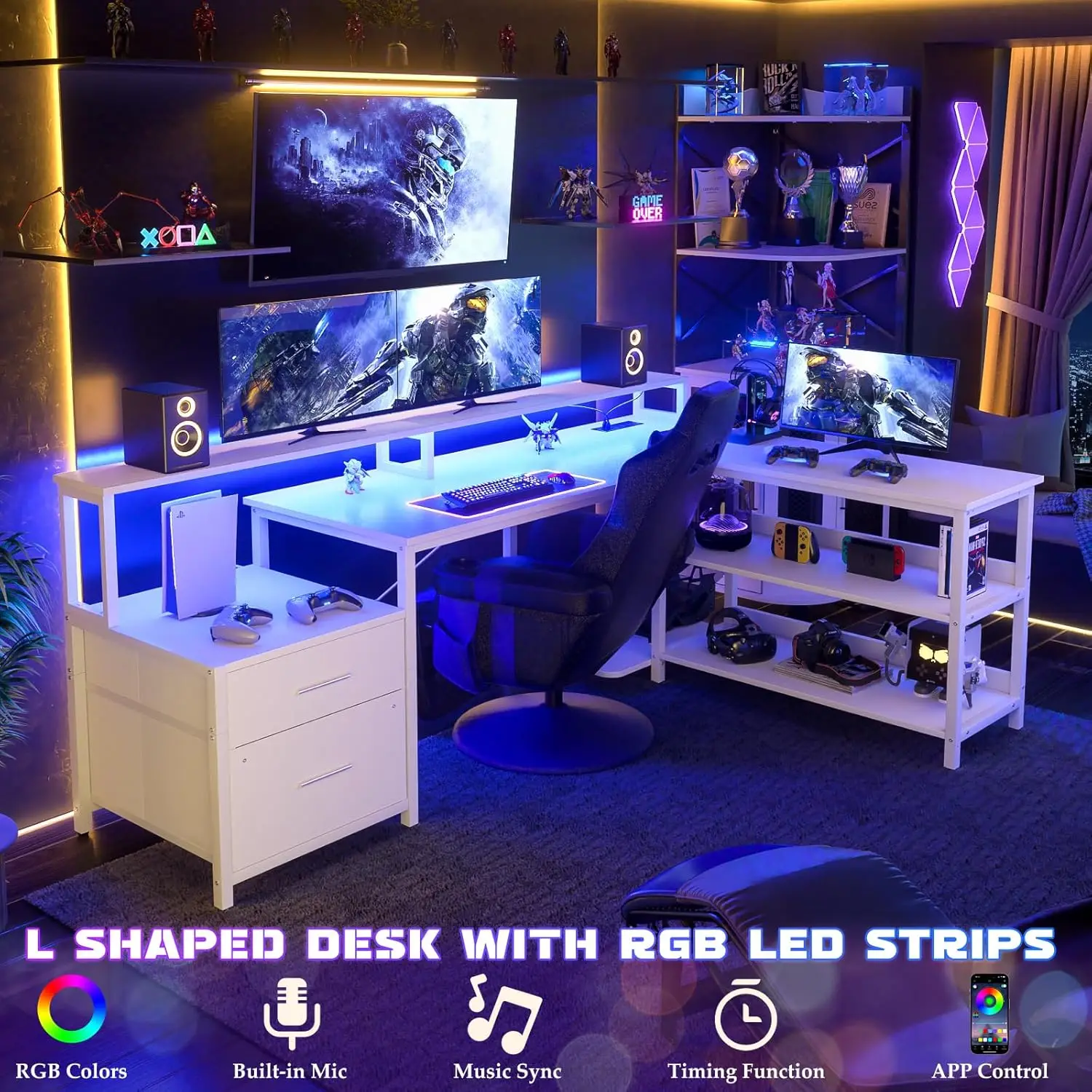 66' Reversible L Shaped Desk, File Drawer, Power Outlet, LED Strip, Gaming Desk, Monitor Stand, Storage, White