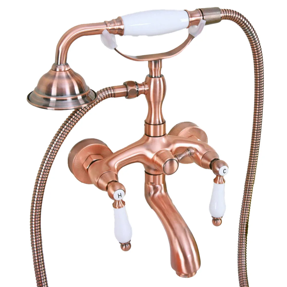 

Antique Red Copper Clawfoot Bathtub Faucet Set with Handheld Shower Dual Ceramic Handles Mixer Taps Wall Mounted tna311