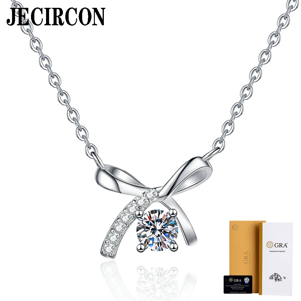 

JECIRCON S925 Sterling Silver Necklace for Women Light Luxury Bow Pendant 0.5 Carat Moissanite Clavicle Chain Sweet Fine Jewelry