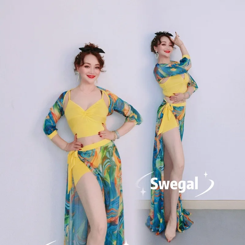 

Customized SWEGAL Belly Dance Practice Dress Set Ink Green Color Yellow Wrapped Skirt Four Piece Set Advanced Ink Color