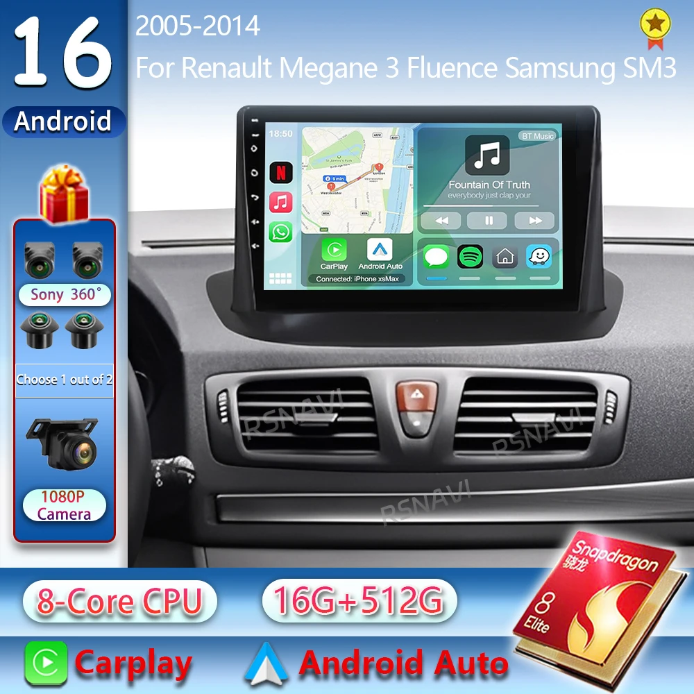 Radio para coche Android 16 para Renault Megane 3 RS Fluence Samsung SM3 2008 2010 2014 CarPlay Reproductor estéreo multimedia Android