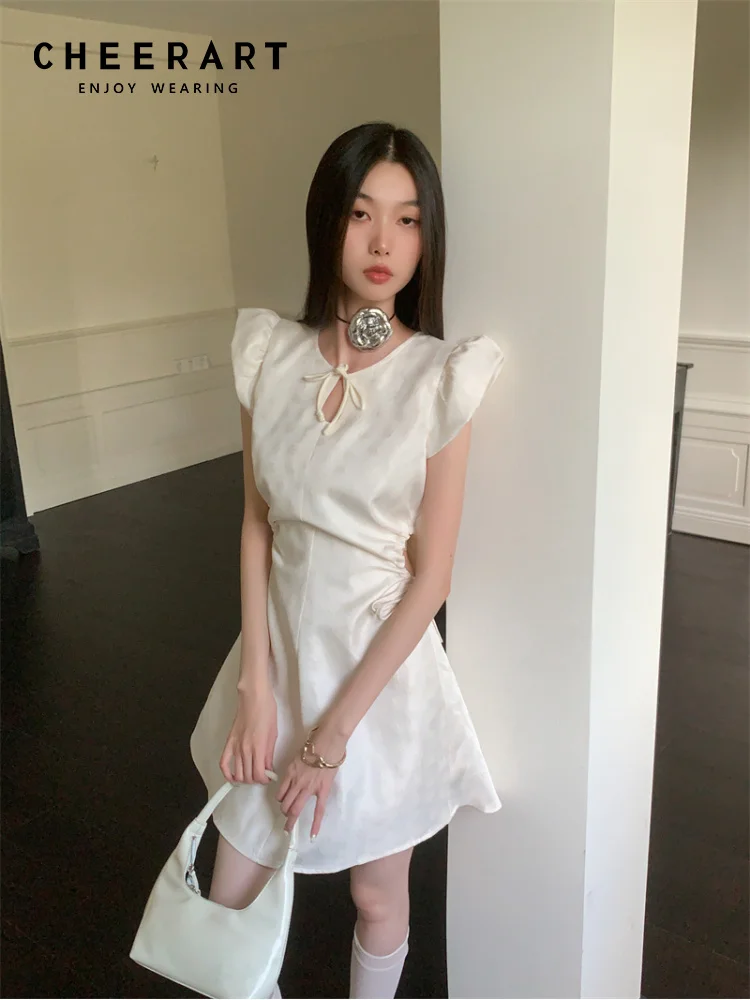 CHEERART Vintage Jacquard Puff Sleeve Short Dresses Woman Summer Drawstring Cut Out Designer Mini Dress