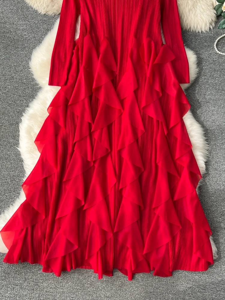 Autumn Women High Waist Pleated Ruffles Korean Version A-line Ball Gown Dress Mid Length O-Neck Long Sleeve Vestidos Spring New