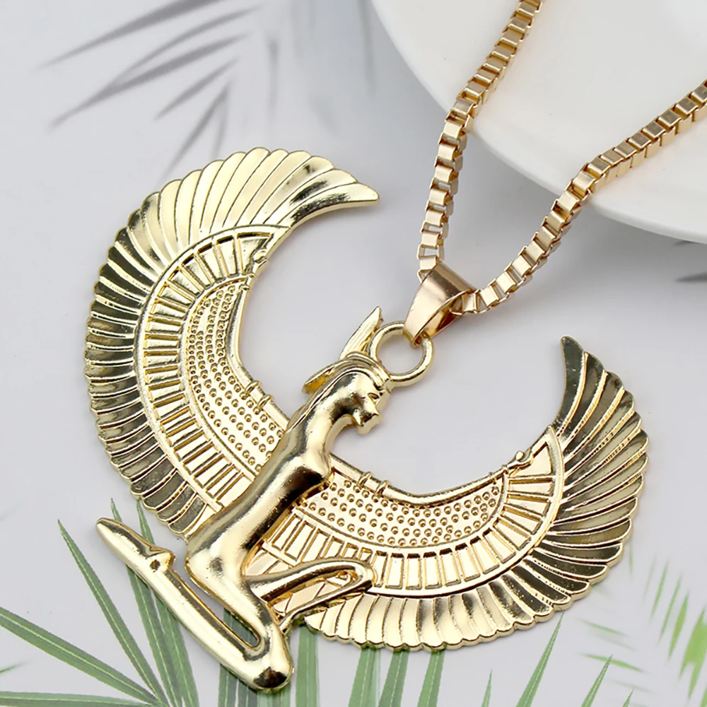 Ancient Egyptian Mythology Goddess Isis Wings Necklace Pendant Necklace Women Vintage Egypt Gold Color Jewelry