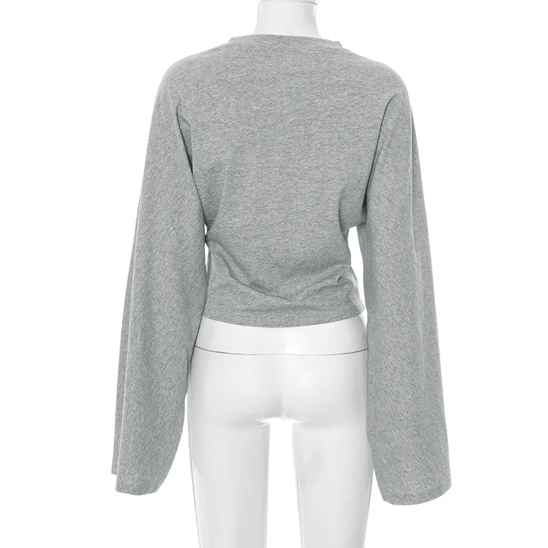 ลําลองแขนยาวผอมเสื้อยืดชุดผู้หญิงฤดูร้อน Y2K Streetwear เสื้อ O คอแฟชั่น Crop Tee เสื้อ Femme