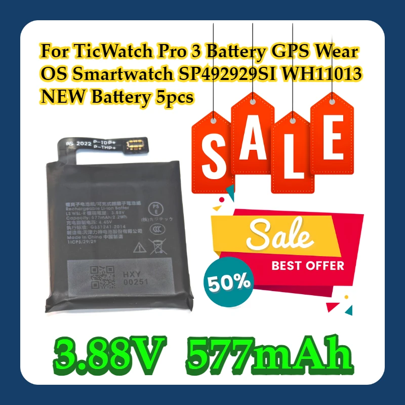 

For TicWatch Pro 3 Battery GPS Wear OS Smartwatch 3.88V 577mAh SP492929SI WH11013 NEW Battery 5pcs