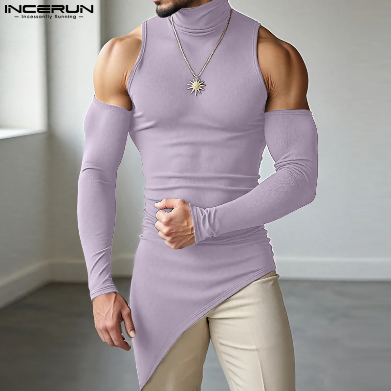 

INCERUN Мужская футболка нестандартной формы, водолазка с длинным рукавом и открытыми плечами, мужские футболки, уличная одежда 2025 года, вязаная мужская одежда с вырезами