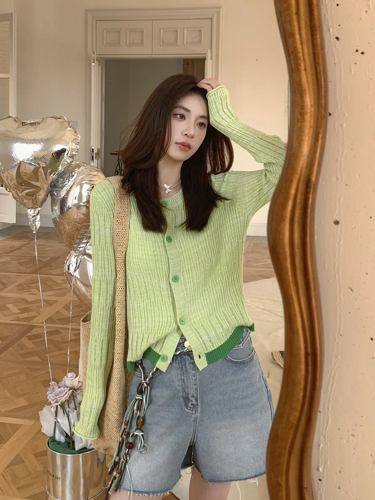 

TWINS Sweet Overture adient Color Blo Knitted Open Cardigan Women's Slim Fit round Ne Top Korean Sle Commute Faion