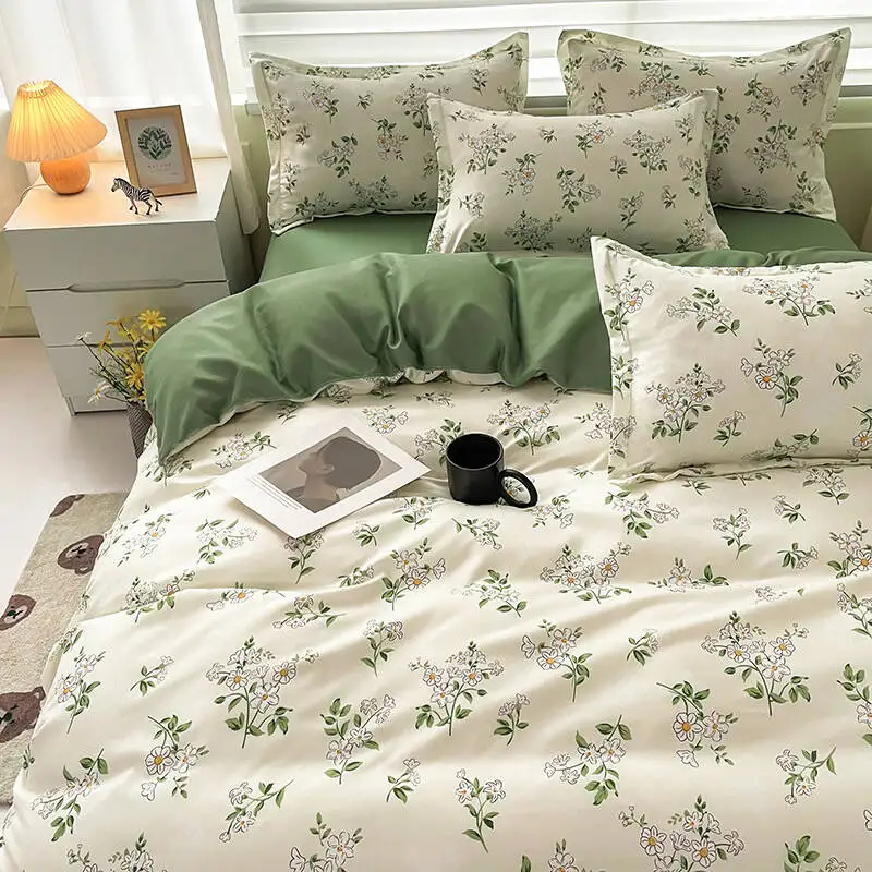 Green Flower Leaves Duvet Cover with Flat Sheet Pillowcse Nordic Floral Bedding Girls Quilt Cover Single Double Size Bedclothes