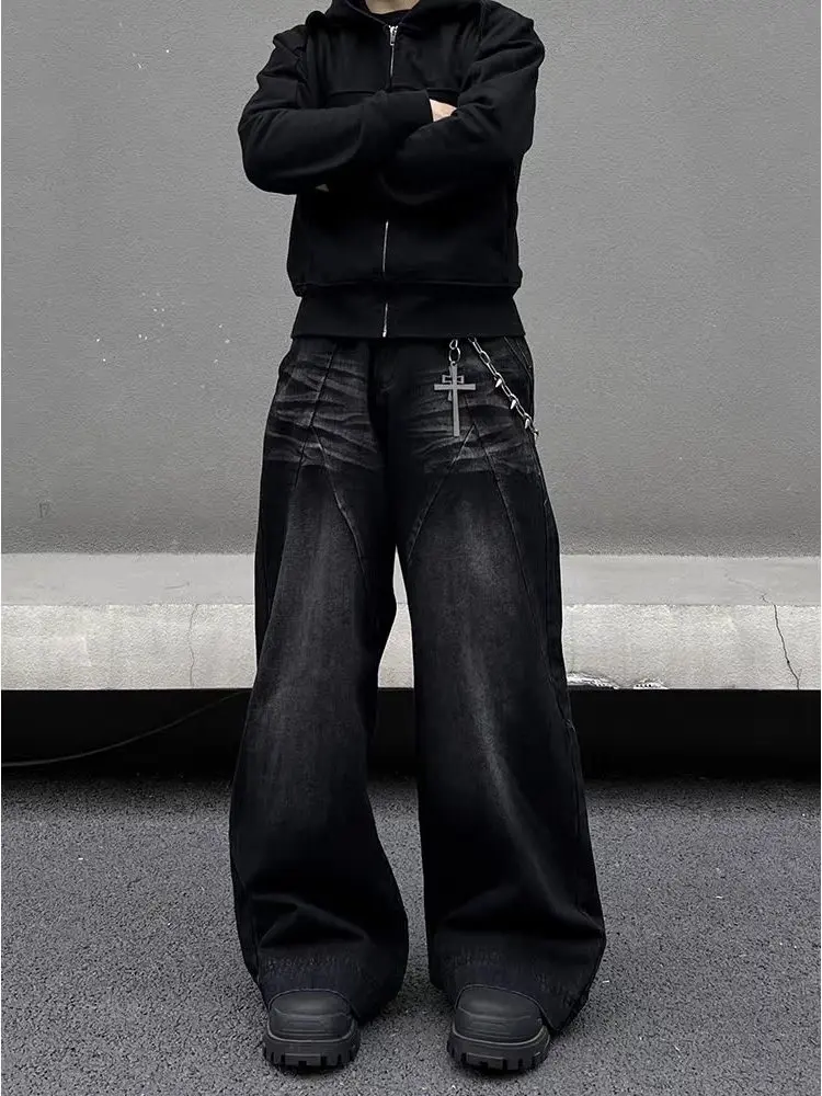 

Мужские джинсы прямого кроя в стиле американского хип-хопа, свободные широкие брюки в пол, модные повседневные...