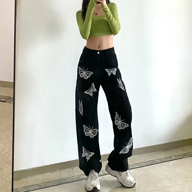 

"Spring Summer Pants Women Youth Casual Sweet Black Jeans Butterfly Pattern Loose Leisure Trendy Cool Streetwear Popular "