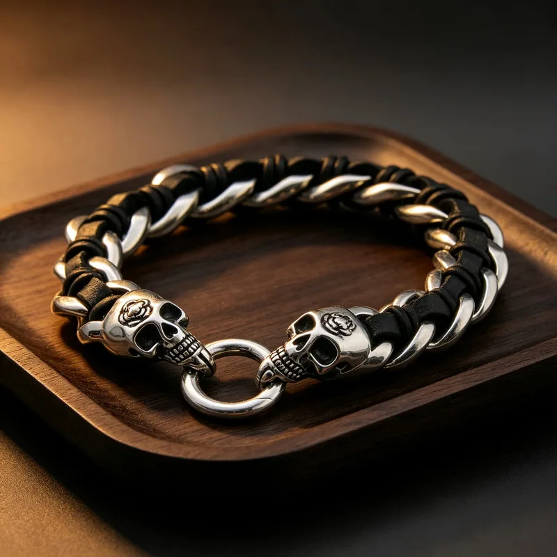 Braided Genuine Leather Man Bracelet Stainless Steel Cuff Wrap Bracelet for Men Closure Skull Jewelry