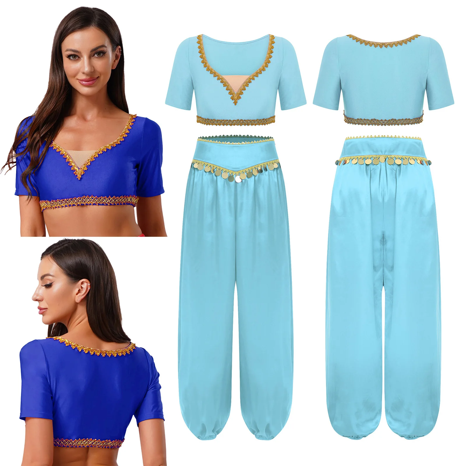 

Women Satiny Belly Indian Dance Performance Crop Top with Tassel Bloomer Pants Set for India Folk Belly Stage Showing Outfits