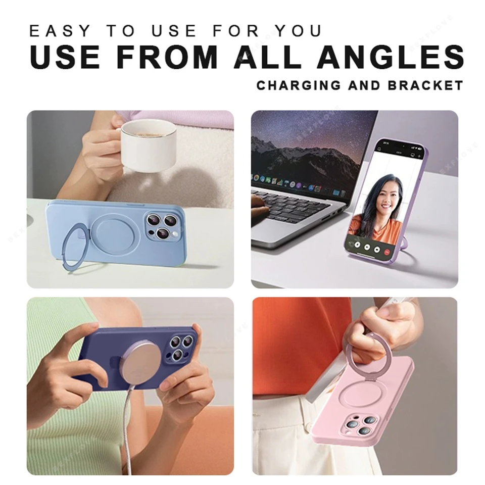 磁気リングホルダー Liduid シリコーンスタンド電話ケース iPhone 15 14 16 プラス 11 12 13 16 プロマックス Magsafe プロテクターソフトカバー
