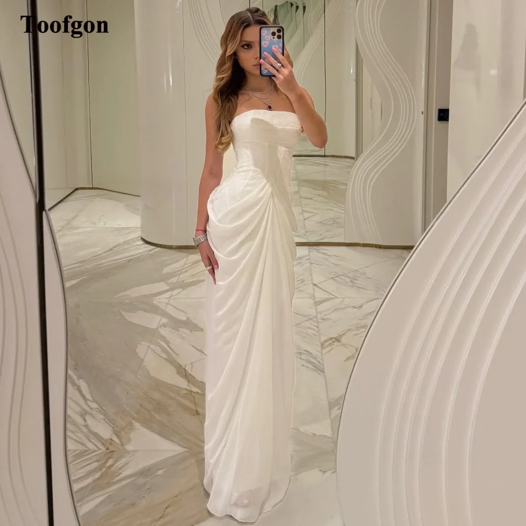 

Toofgon Simple Lace Bride Wedding Dresses Customized Draped Strapless Bridal Gowns Floor Length Women Formal Party Prom Dress