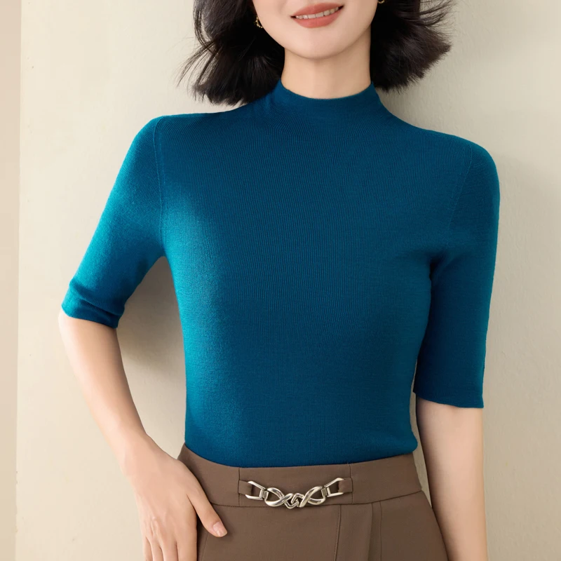 

Spring Autumn Winter Women Pullover 100% Merino Wool Sweater Cashmere Tops Basic Mock-Neck Mid Sleeve Slim Fit Base Knitwear
