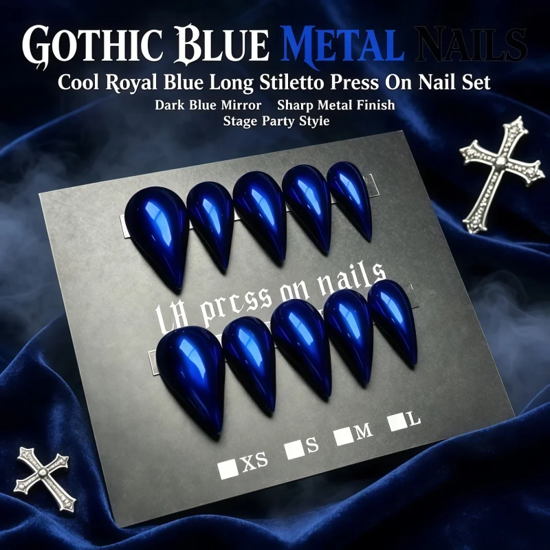 2026New 10PCS of blue cat-eye style fake nails, glossy mirror-polished chrome glittery long-pointed fake nails
