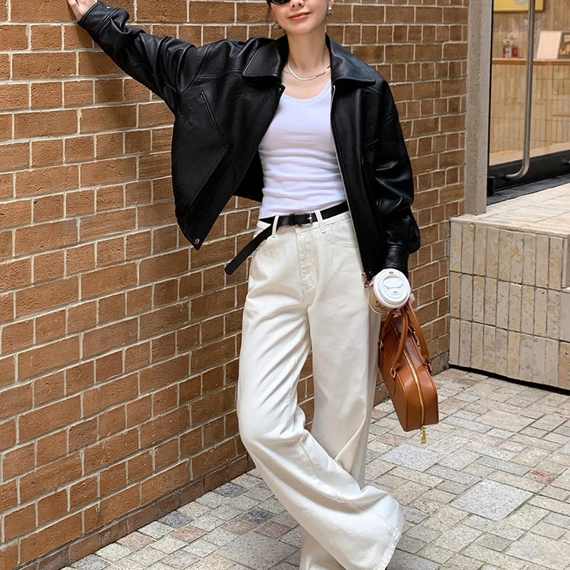 100% 本革ジャケット女性用 2026 カジュアル ルーズフィット オーバーサイズ ボンバー ジャケット ブラック A レベル シープスキン レザー コート