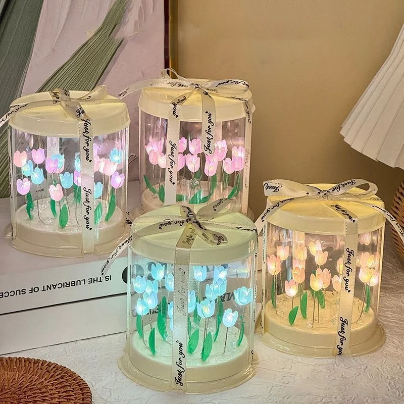Bricolage tulipe lampe Simulation fleur mer gâteau boîte chambre dormir Table lampe à la main artisanat décor tulipes veilleuses cadeau d'anniversaire