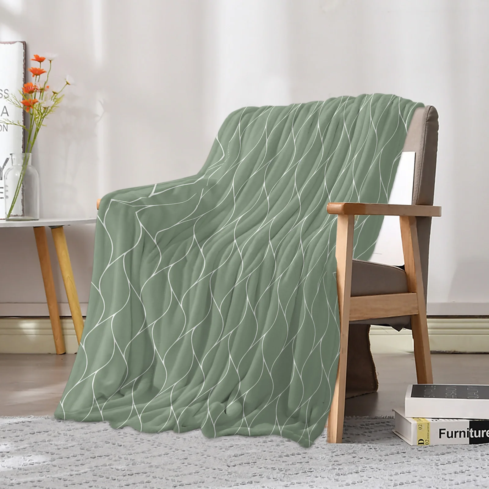 Sage Color Long Wave Line Printed Throw Blanket Flannel Fleece Blankets Warm Soft Throws for Sofa Couch Bed Bedroom Bedspread