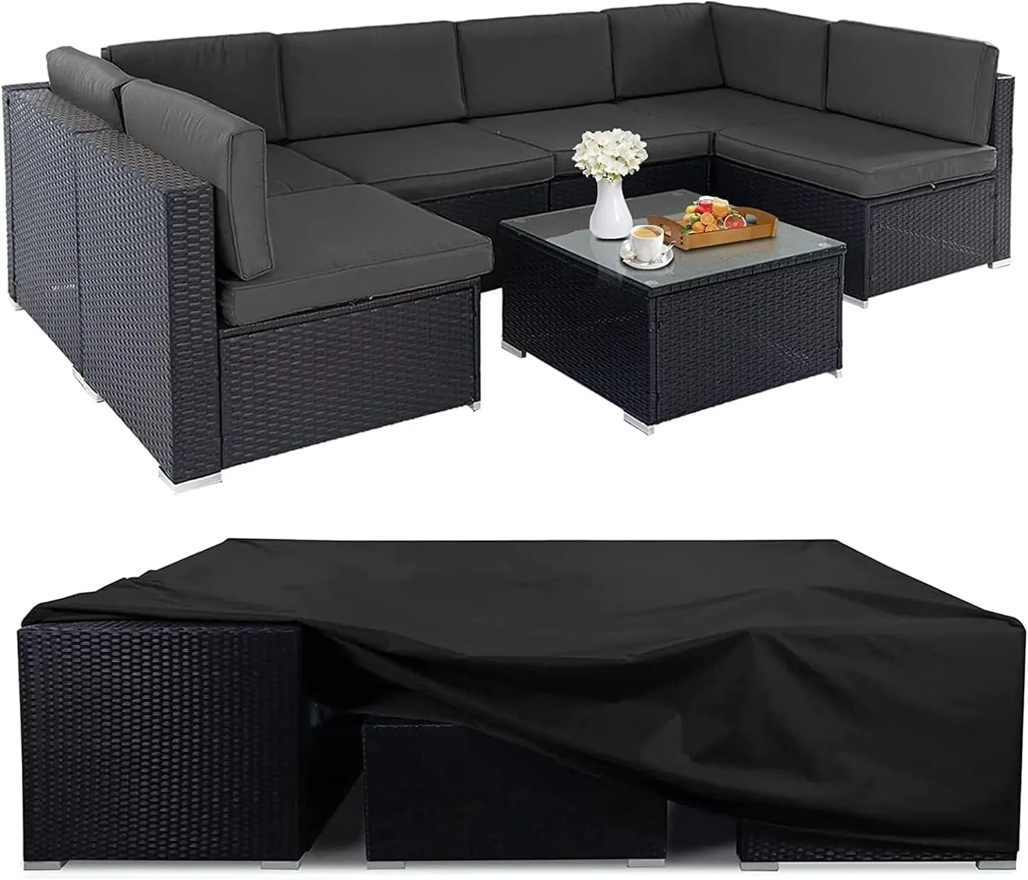 

7-Piece Outdoor Furniture Set Sectional Sofa Outside Couch, Black Wicker Patio Conversation Set with Glass Top Table, Cushions