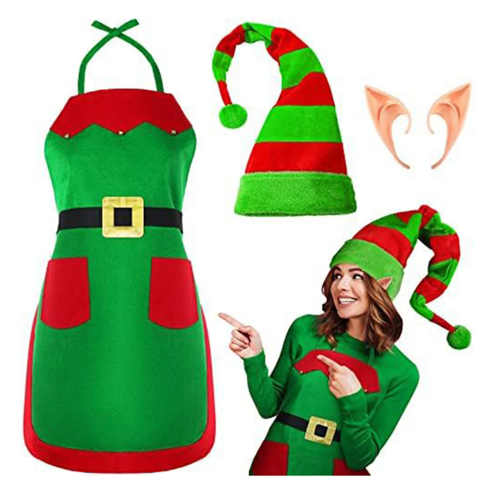 Natal Elf Costume, Santa Acessórios, Xmas Party Cosplay, Elf Hat, Orelhas, Sapatos, Capas, Meias, Avental, Meias Listradas