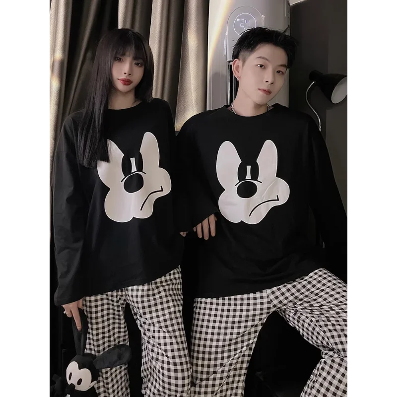 Disney Mickey Mouse couple pajamas autumn cotton long-sleeved trousers crew neck women\'s pajamas men\'s and women\'s loungewear