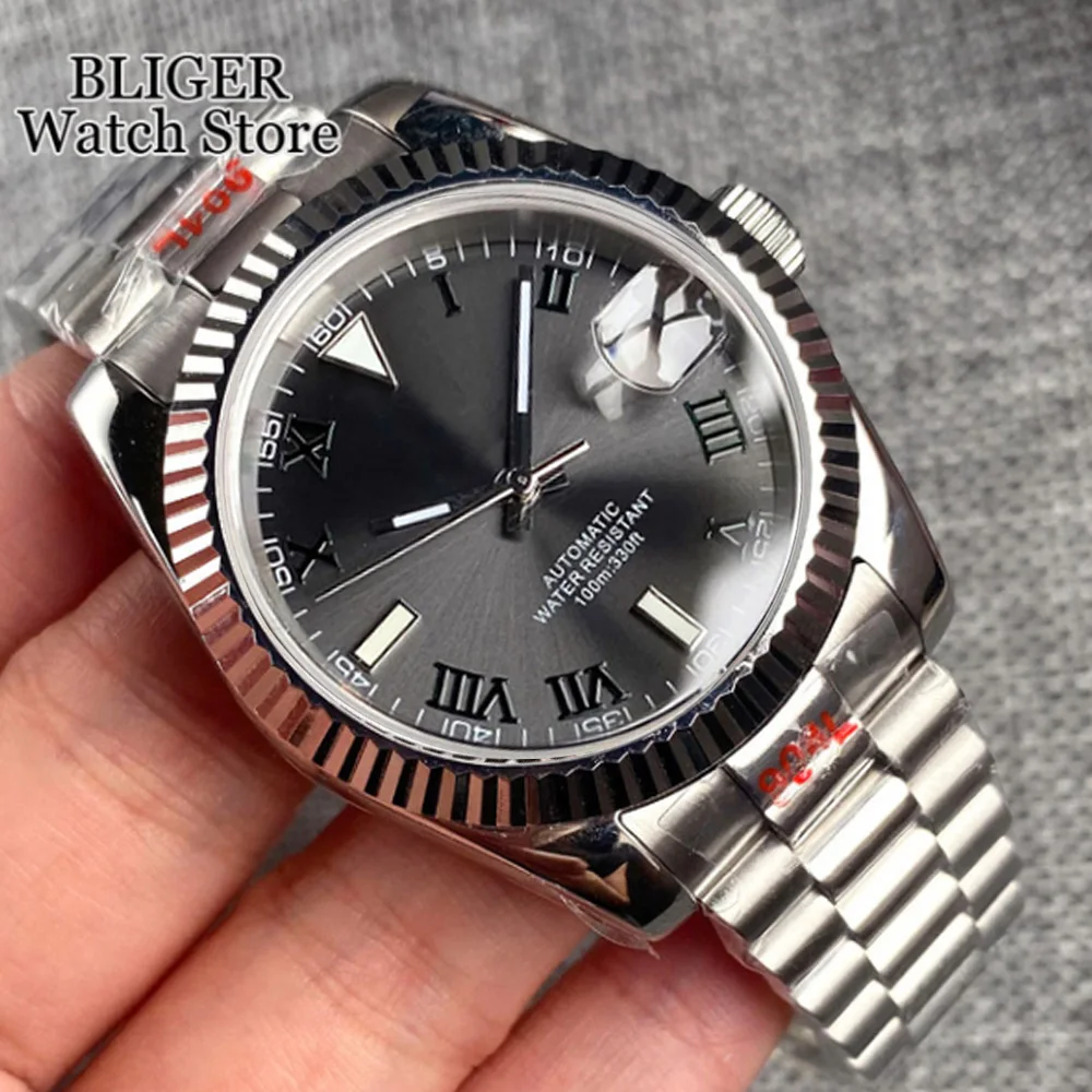 36mm 39mm Sunburst grijze wijzerplaat donkergroene Romeinse cijfers duiken NH35 automatisch herenhorloge roestvrijstalen band saffierglas