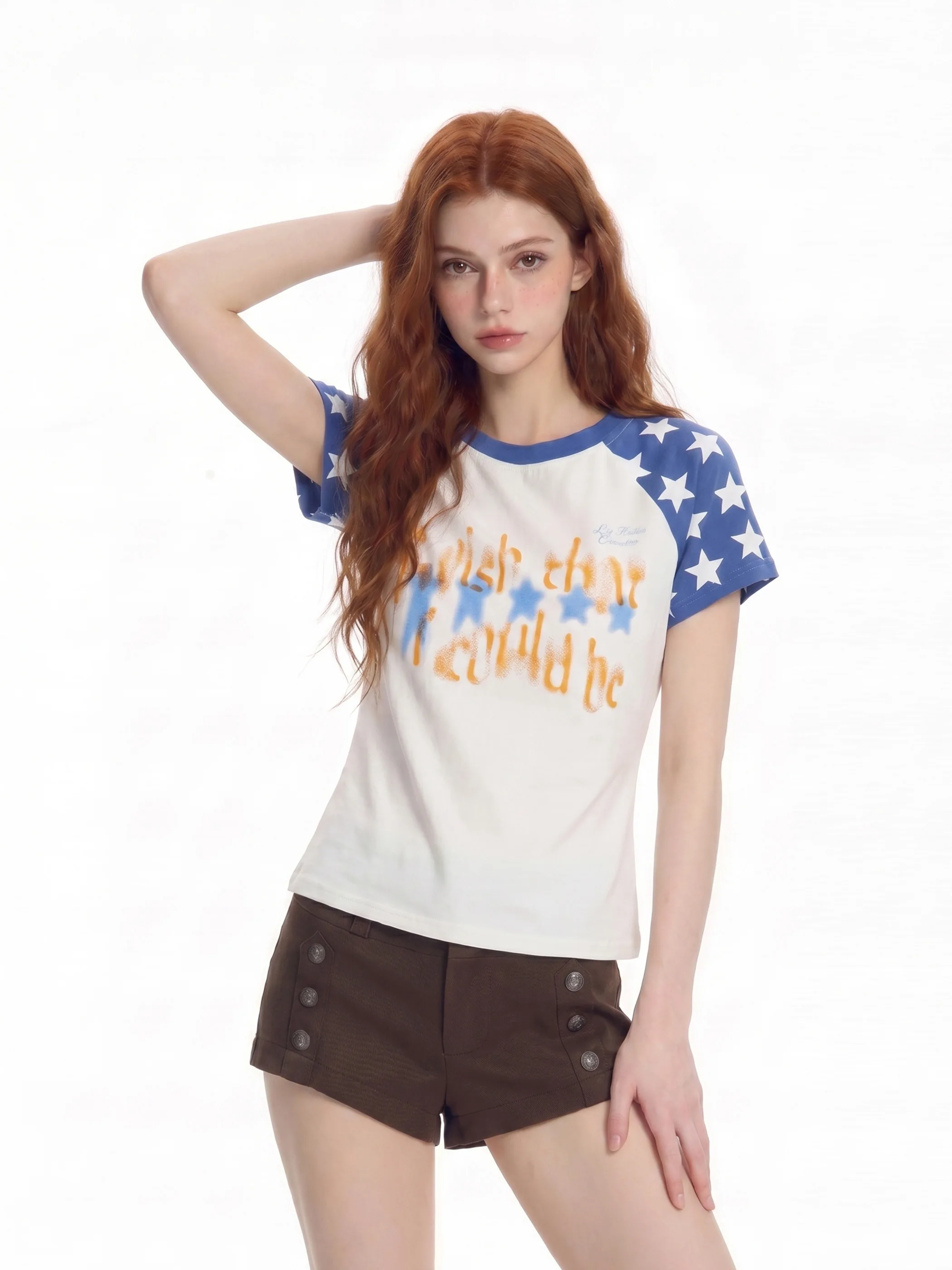

Summer Loose Women's Short Sleeve T-Shirt American Style Beer Captain Hot Girl Star Color Collision Shoulder Insertion Top